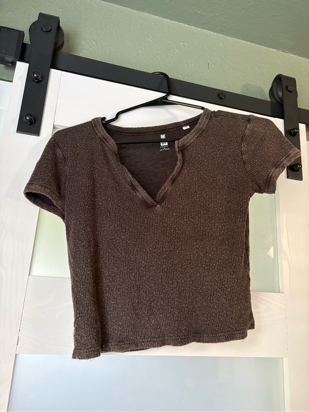 Me to We Brown Ribbed Short Sleeve V-Notch Crop Top
